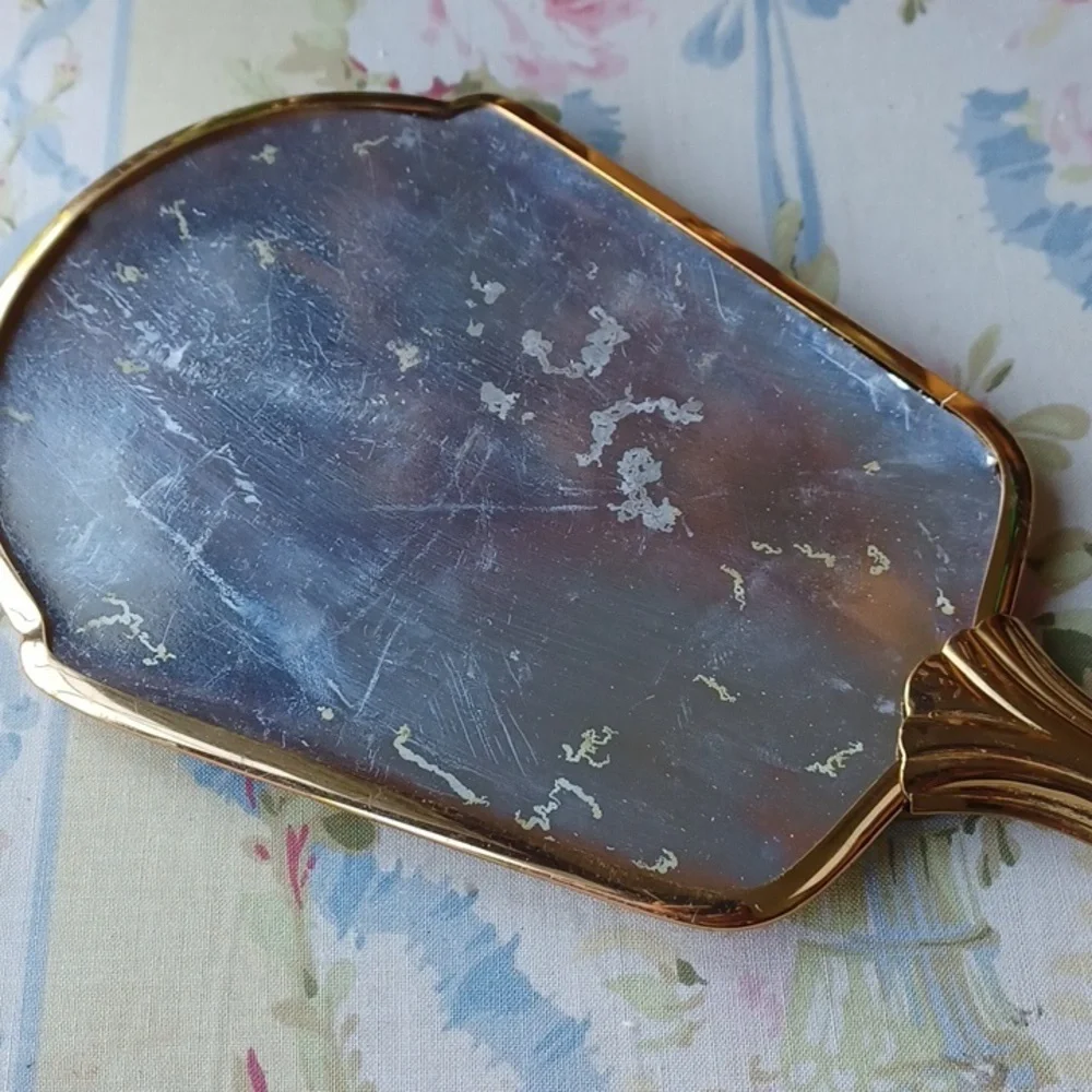 Vintage Floral rhinestone Gold Tone Handheld Mirror, glass is missing